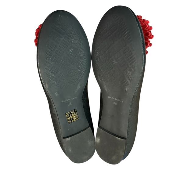 Love Moschino Red Puff Pom Pom Black Leather Flats Size 38/ US 8 - Picture 9 of 10